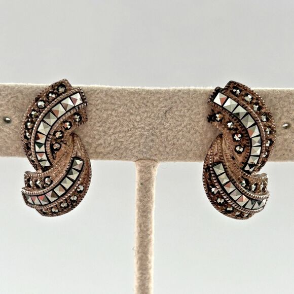 Vintage Sterling Silver Judith Jack Marcasite Clip Earrings Signed Event - Picture 1 of 4